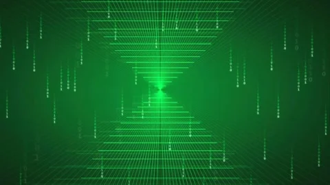 Abstract Green Digital Data Stream with Binary Code and Geometric Grid Tunnel Stock Footage 339324347