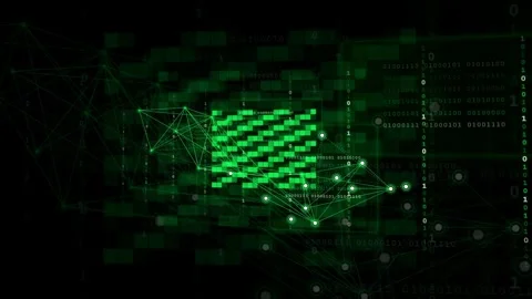 Abstract Green Digital Data Stream with Binary Code and Connected Network Nodes Stock Footage 339324793