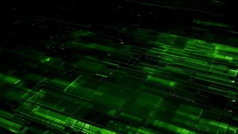 Abstract Green Digital Data Streams and Geometric Shapes on Dark Background.. Stock Photos
