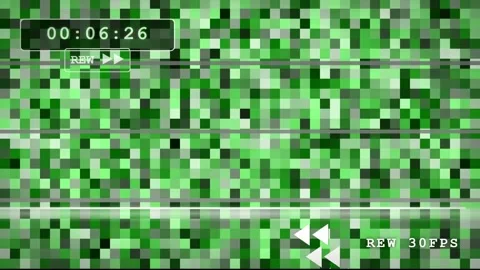 Abstract Green Digital Glitch Background with VHS Rewind Overlay and Pixelated Stock Footage 345757836