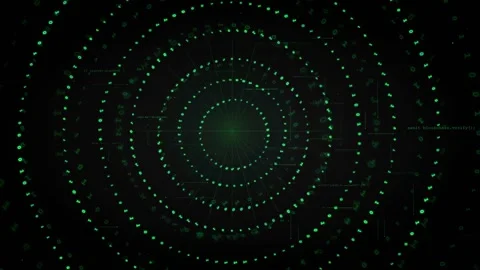 Abstract Green Digital HUD Interface with Rotating Concentric Circles and Data Stock Footage 339318676