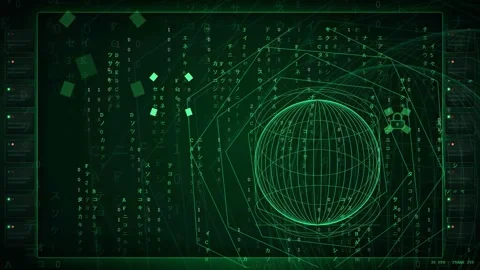 Abstract Green Digital HUD Interface with Rotating Wireframe Globe and Stock Footage 343154916