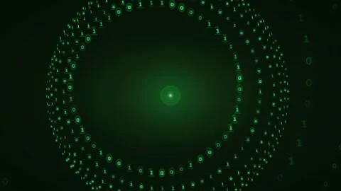 Abstract Green Digital Particle Rings Rotating in Dark Space for Technology and Stock Footage 339322793