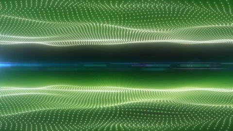 Abstract green digital particle wave with glowing dotted grids, dark centra.. Stock Illustration