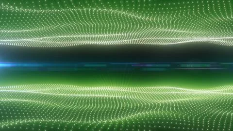 Abstract green digital particle wave with glowing dotted grids, dark centra.. イラスト素材
