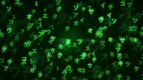 Abstract Green Digital Rain with Falling Japanese Characters and Binary Code on Stock Footage 336780953