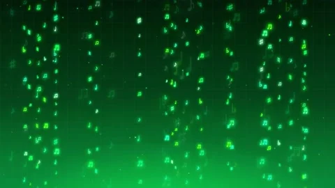 Abstract green digital rain of falling musical notes on a dark technological 库存影片 343857460