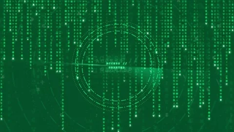 Abstract Green Digital Rain with Rotating HUD Interface and Binary Code Data Stock-Footage 343155203