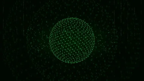 Abstract Green Digital Sphere of Glowing Particles Rotating in a Dark Cyber Stock Footage 339320168