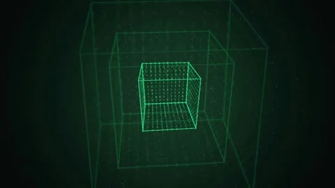 Abstract Green Digital Wireframe Cube Rotating in a Futuristic Cyber Space with Stock Footage 343161966