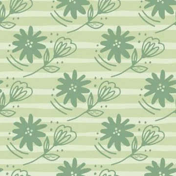 Abstract green flower seamless pattern in line art style on stripes. Doodle f Stock Illustration