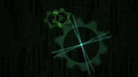 Abstract Green Gears Rotating with Digital Matrix Background. Stock Footage 334485045