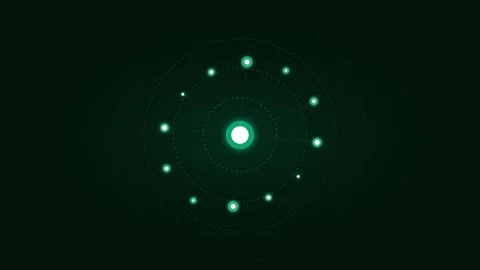 Abstract green glowing circles arranged in a concentric orbital pattern Vídeo Stock 336263226