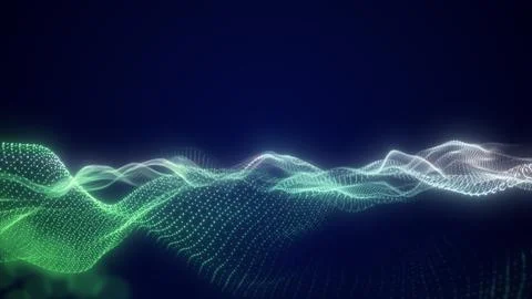 Abstract green glowing data wave with particle mesh and flowing lines, idea.. Illustrazione stock