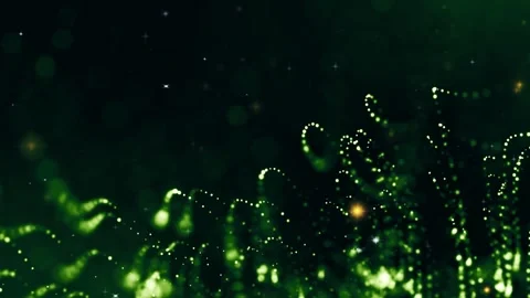 Abstract green glowing particle trails floating through dark space with Stock Footage 346039226