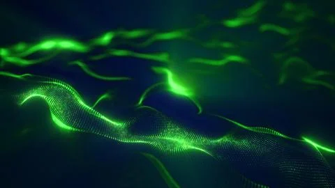 Abstract green glowing particle wave with digital mesh, dark background, an.. 스톡 일러스트