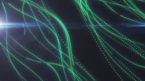 Abstract green glowing particle waves forming flowing dotted lines on a dar.. Stock Illustration