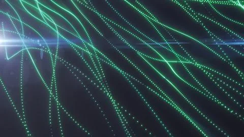 Abstract green glowing particle waves forming flowing dotted lines on a dar.. Stock Illustration