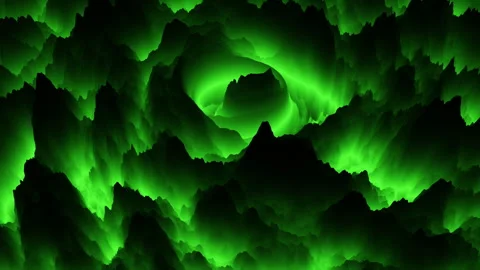 Abstract green glowing vortex background with dark jagged mountains, 3D render Stock Footage 333163777