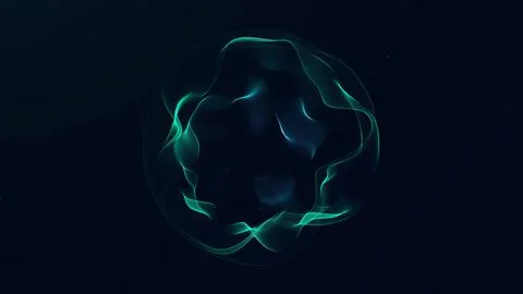 Abstract green gradient energy sphere with glowing plasma flow on dark back.. Illustrazione stock