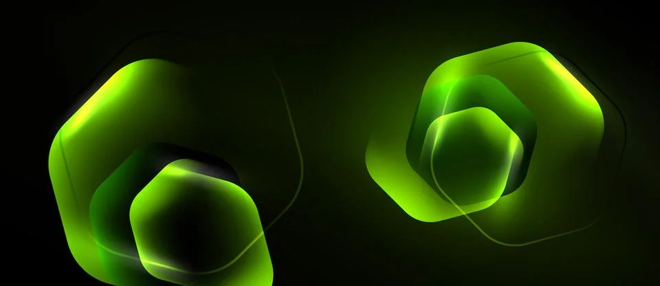 Abstract green hexagons overlap, creating luminous shapes. Dark background Stock Illustration