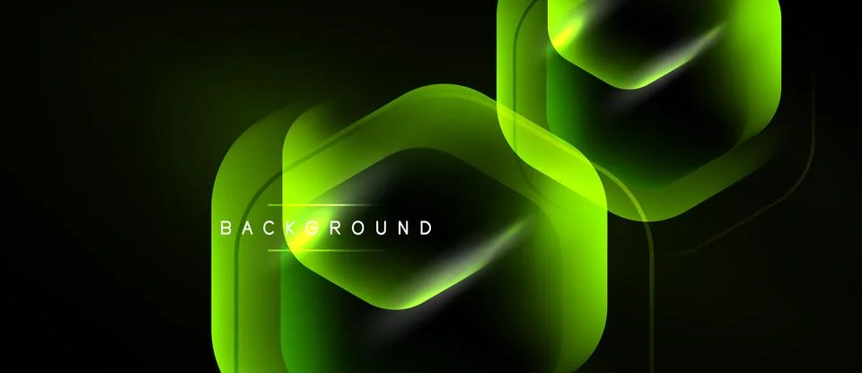 Abstract green hexagons overlap dark background. Gradient shades create moder Stock Illustration