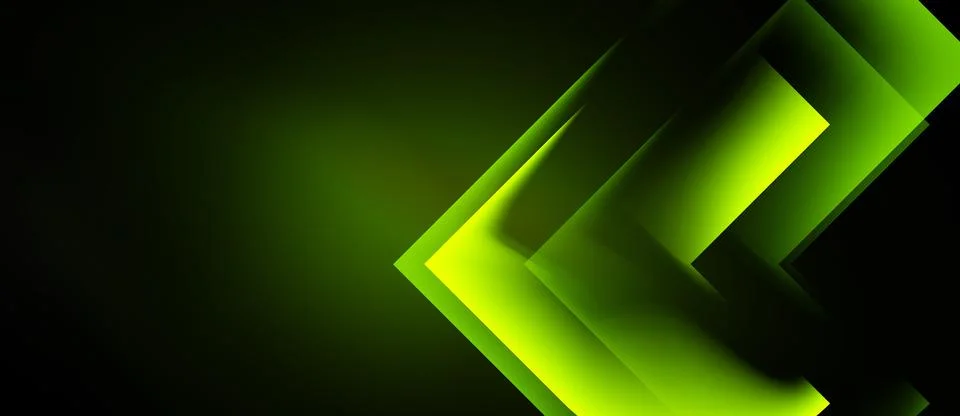 Abstract green layers create directional arrow. Bright glow highlights geom.. Illustrazione stock