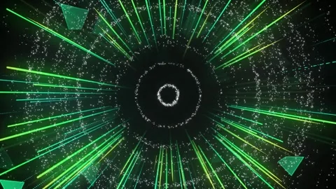 Abstract green light rays radiating from glowing particle rings digital motion Video stock 343805287