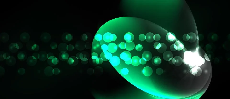 Abstract green light shapes, bubbles, particles. Dark background creates gl.. Stock Illustration