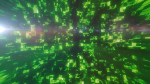 Abstract green matrix tunnel with glowing pixel particles, digital depth, l.. Stock Footage 335632559