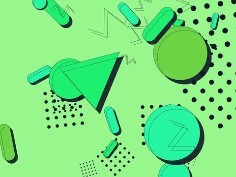 Abstract Green Memphis Style Background with Floating 3D Geometric Shapes a.. 스톡 일러스트