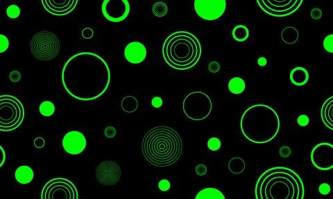 Abstract green neon circles seamless pattern on black background. vibrant green  Illustrazione stock