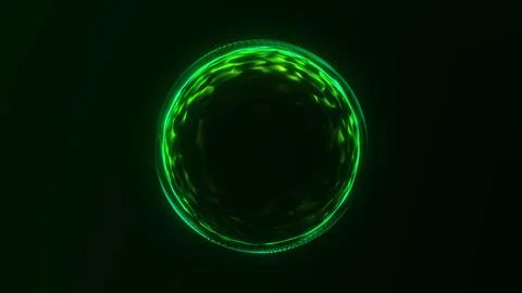 Abstract green neon digital sphere with glowing energy surface and flowing .. Stock Illustration