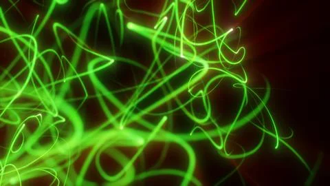 Abstract green neon light trails on a dark red background with glowing moti.. Stock Illustration