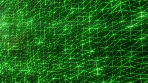 Abstract green neon triangular wireframe mesh network glowing softly against  Illustrazione stock