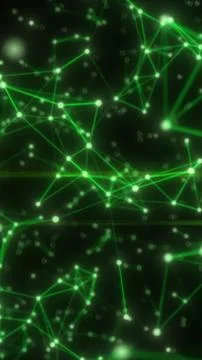 Abstract green network of glowing nodes and connecting lines on a dark back.. Illustrazione stock