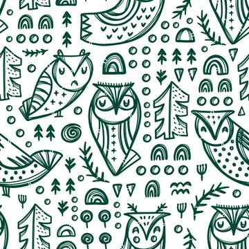 ABSTRACT GREEN OWLS Seamless Pattern Vector Illustration 스톡 일러스트