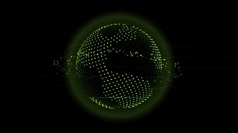 Abstract green particle globe rotating with digital data rings over dark ba.. Видео 345041203