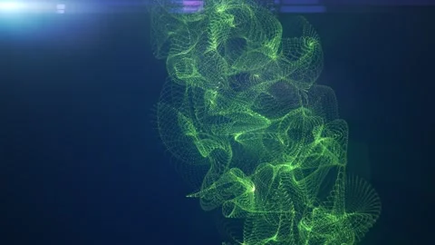Abstract green particle mesh forming a complex flowing wave on a dark blue .. Stock Footage 343625918