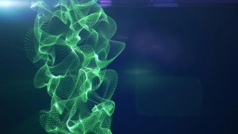 Abstract green particle mesh forming a complex flowing wave on a dark blue ba Stock Illustration