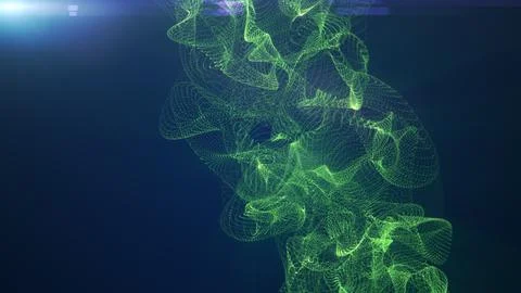 Abstract green particle mesh forming a complex flowing wave on a dark blue .. Stock-Illustration