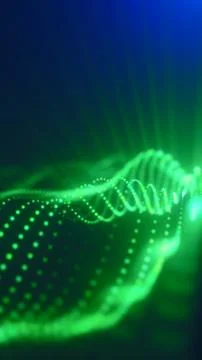Abstract green particle wave made of glowing dots flowing across a dark blu.. Stock Illustration