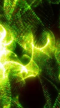 Abstract green particle waves with glowing dotted mesh, suggesting digital .. Stock Illustration
