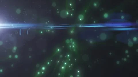 Abstract green particles and blue horizontal light flare on a dark backgrou.. Stock Illustration