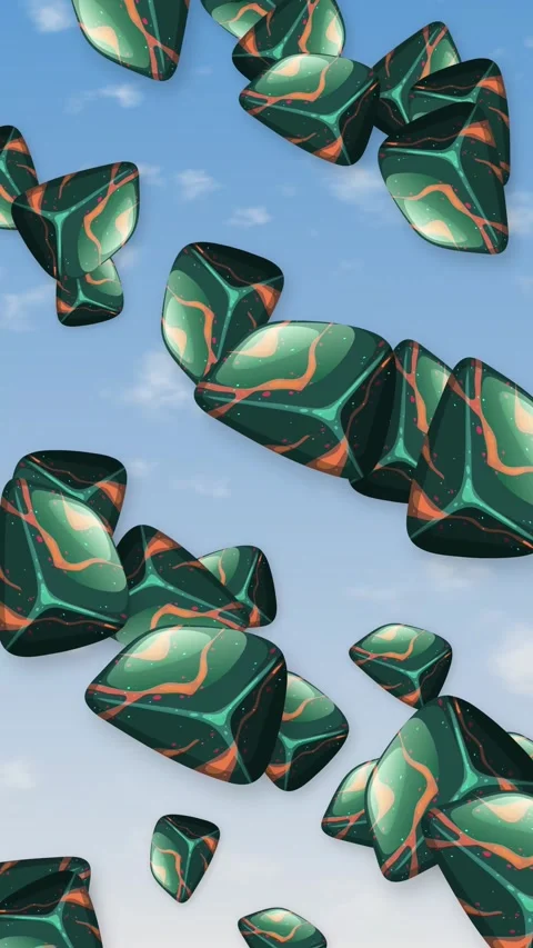 Abstract Green Patterned Stones Falling Through a Clear Blue Sky Stock Footage 345804074