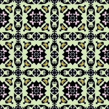 Abstract green pink damask pattern on a black background Illustrazione stock