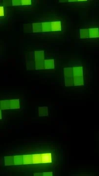 Abstract green pixel blocks floating on a dark background, creating a digit.. Illustrazione stock