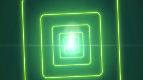 Abstract green rounded-square neon tunnel glowing into a bright center with.. Stock Footage 335203247