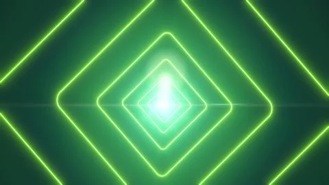 Abstract green rounded-square neon tunnel glowing into a bright center with.. Stock Illustration