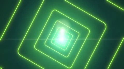 Abstract green rounded-square neon tunnel glowing into a bright center with.. Stock Illustration